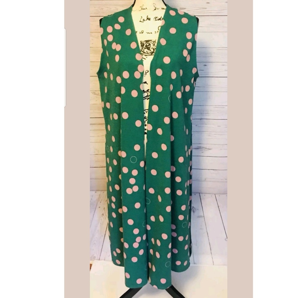 Lularoe Joy Open Cardigan Turquoise with Pink Dots